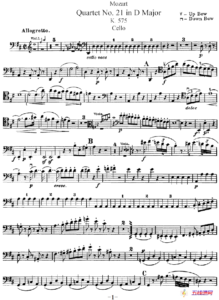 Mozart《Quartet No.21 in D Major,K.575》（Cello分谱）