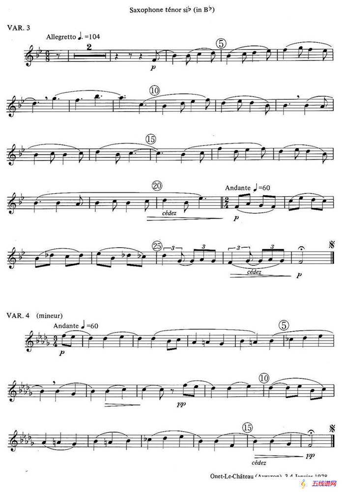 jean Bouvard 编写的6首萨克斯四重奏（次中音萨克斯分谱）