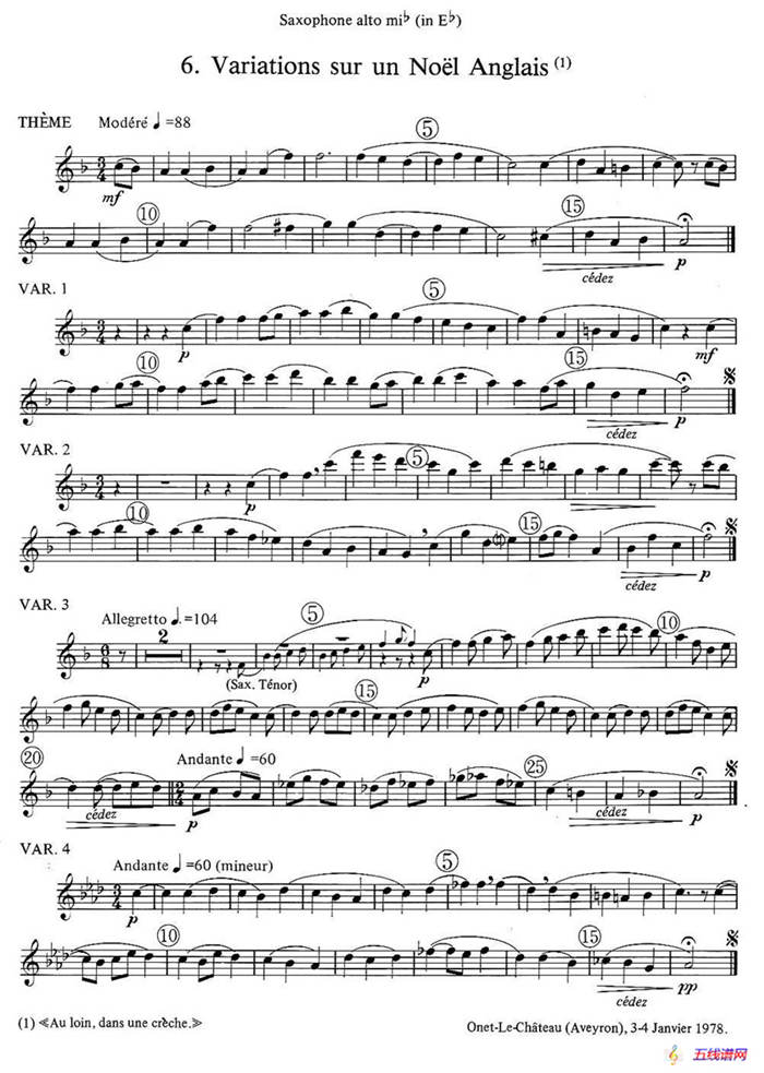 jean Bouvard 编写的6首萨克斯四重奏（中音萨克斯分谱）