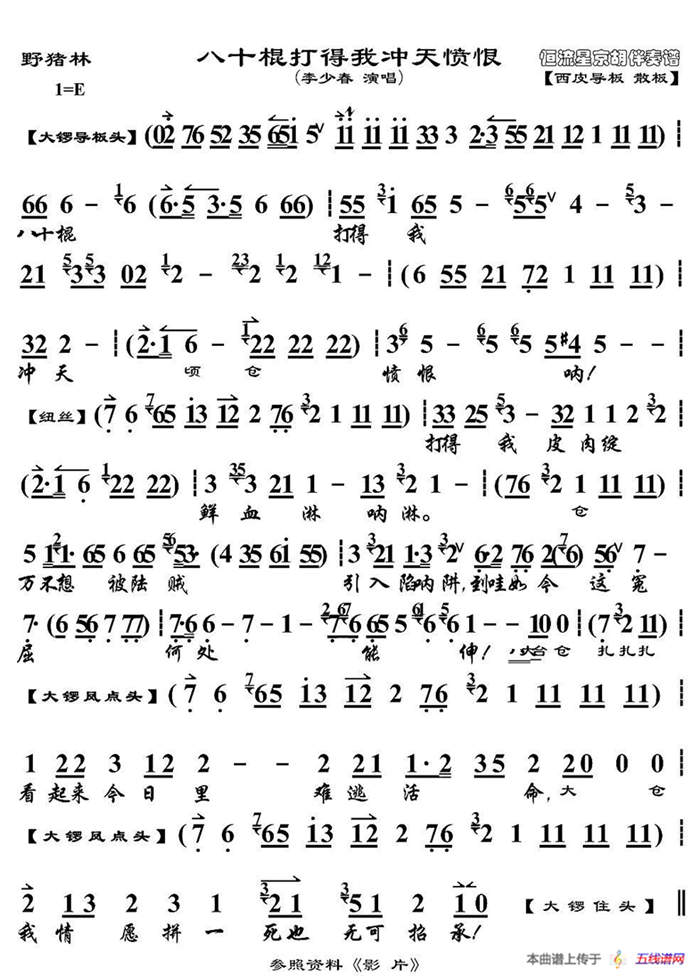 八十棍打得我沖天憤恨（《野豬林》選段、琴譜）