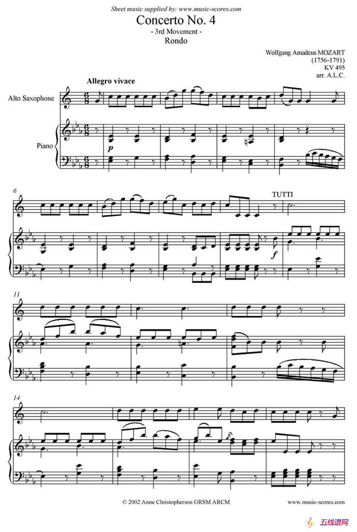 Mozart：Concerto KV495 No.4-3st Rondo 回旋曲（中音萨克斯+钢琴伴奏）