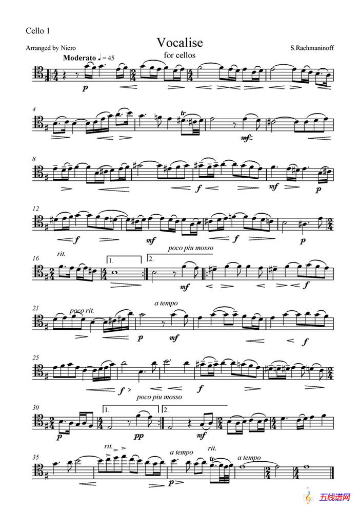vocalise（练声曲）（五重奏第一大提琴分谱）