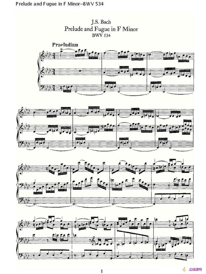 Prelude and Fugue in F Minor--BWV 534 （管风琴谱）