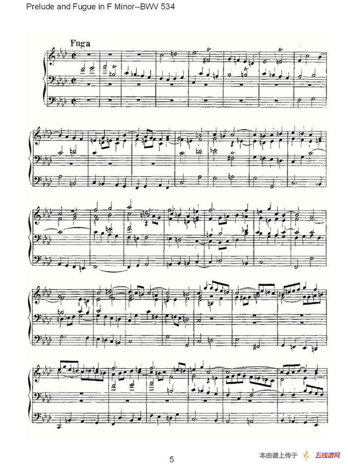 Prelude and Fugue in F Minor--BWV 534 （管风琴谱）