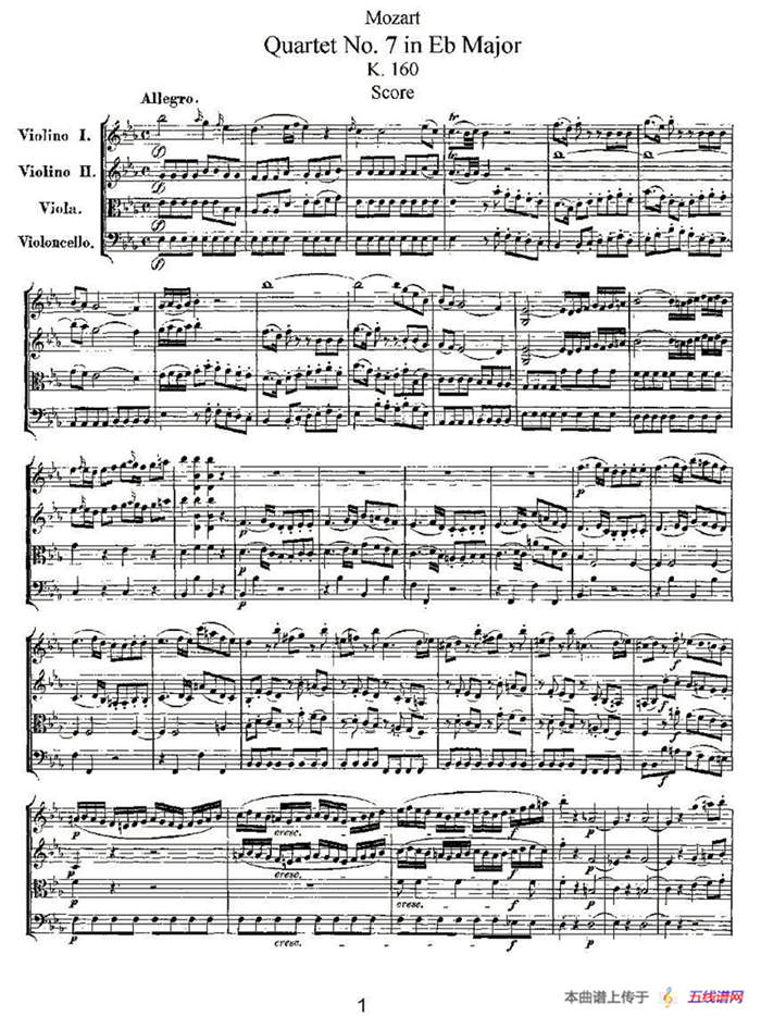 Quartet No. 7 in Eb Major, K. 160（降E大调第七弦乐四重奏）