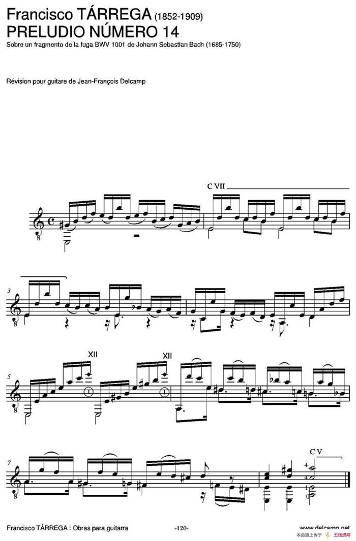 PRELUDIO NUMERO 14(Sobre un fragmento de la fuga BWV 1001 de Johann Sebastian Ba（古典吉他）