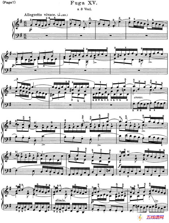 巴赫《平均律钢琴曲集·第一卷》之赋格曲（NO.15）