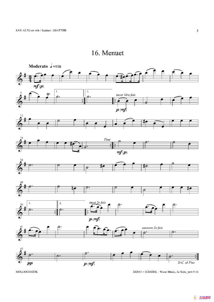 Water Music（HWV.350 No.3）（中音萨克斯）