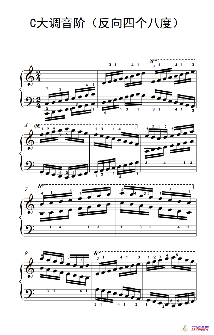 C大调音阶（反向四个八度）（儿童钢琴练习曲）
