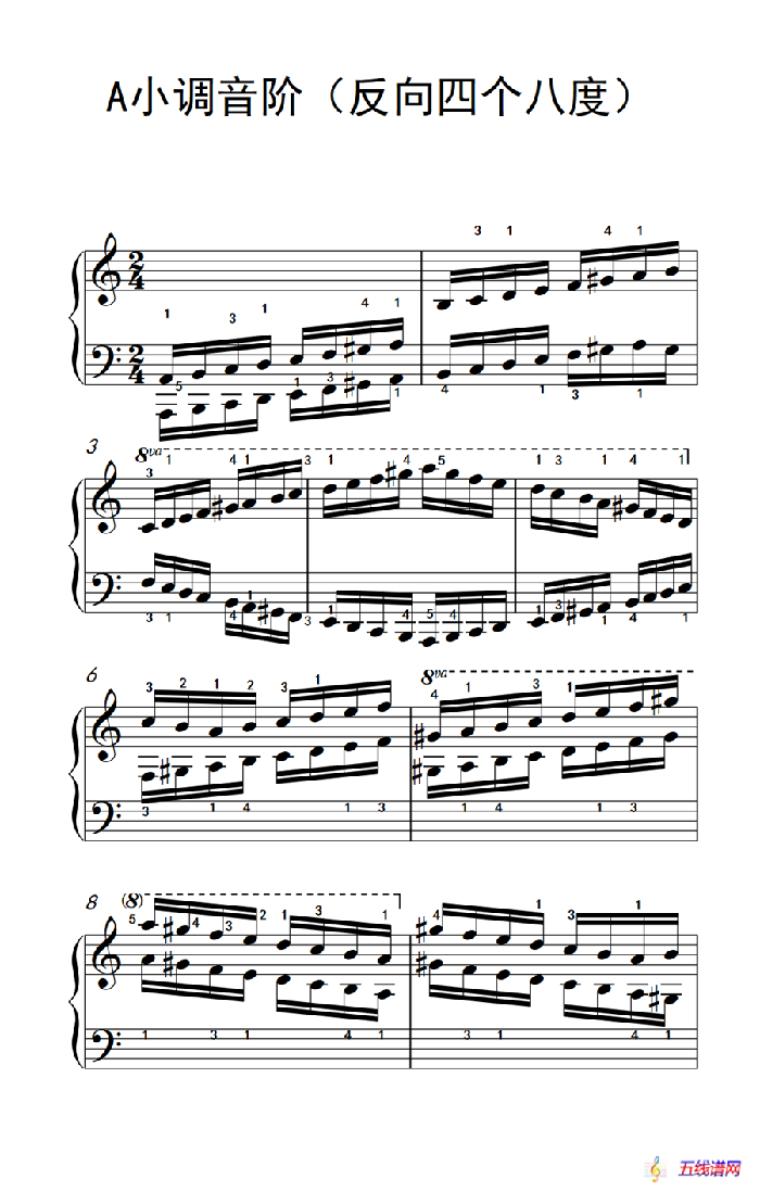 A小调音阶（反向四个八度）（儿童钢琴练习曲）