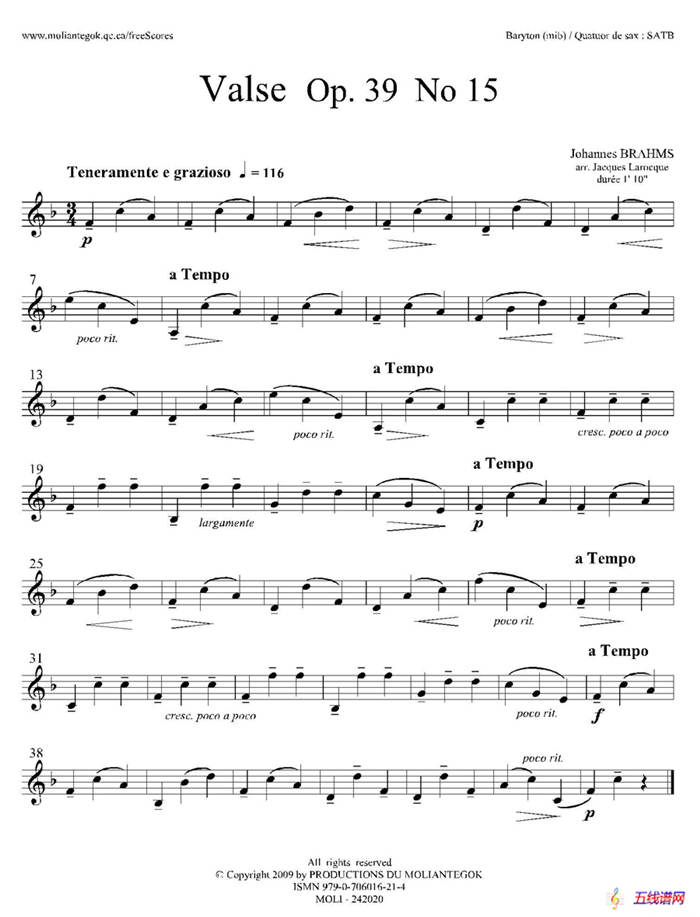 圆舞曲 Op39 No15（四重奏上低音萨克斯分谱）