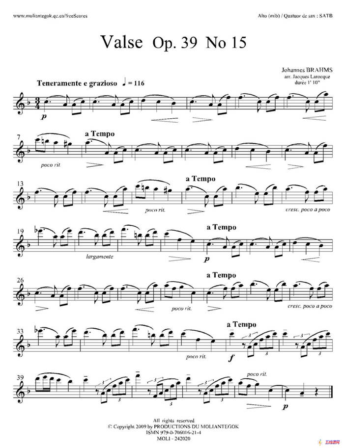 圆舞曲 Op39 No15（四重奏中音萨克斯分谱）