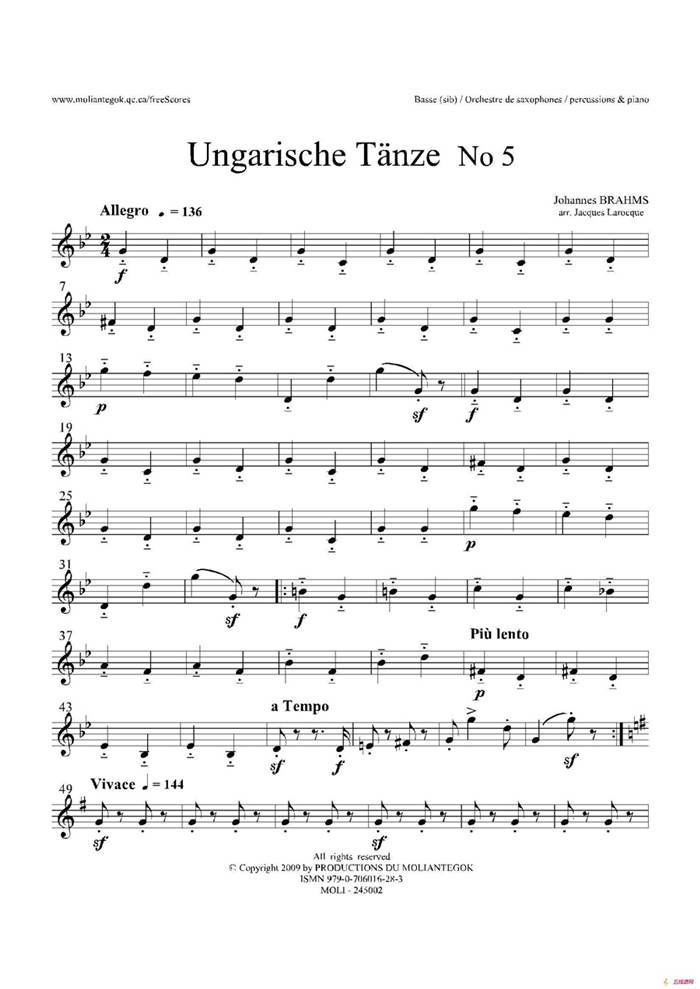 Ungarische Tnze No 5（十五重奏Basse分谱）