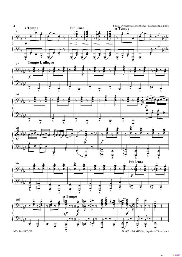 Ungarische Tnze No 5（十五重奏​Piano分谱）