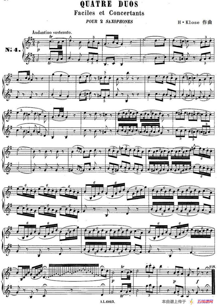 H·Klose练习曲（Quatre Duos Faciles et Concertants Pour 2 Saxophones—No.4）