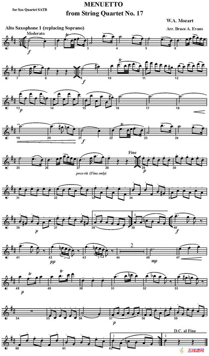MENUETTO from String Quartet No.17（四重奏·中音萨克斯分谱）