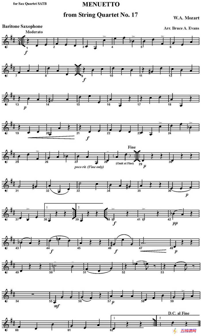 MENUETTO from String Quartet No.17（四重奏·上低音萨克斯分谱）