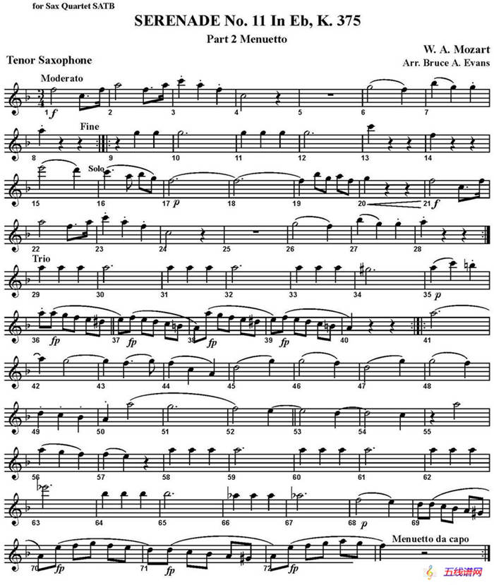 SERENADE No.11 in Eb，K.375 Part 2 Menuetto（四重奏·次中音萨克斯分谱）