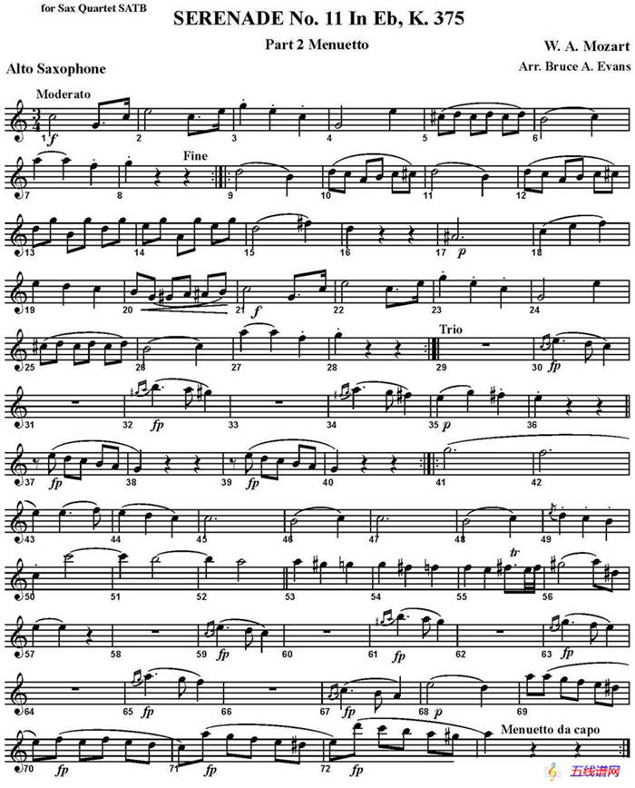 SERENADE No.11 in Eb，K.375 Part 2 Menuetto（四重奏·中音萨克斯分谱）