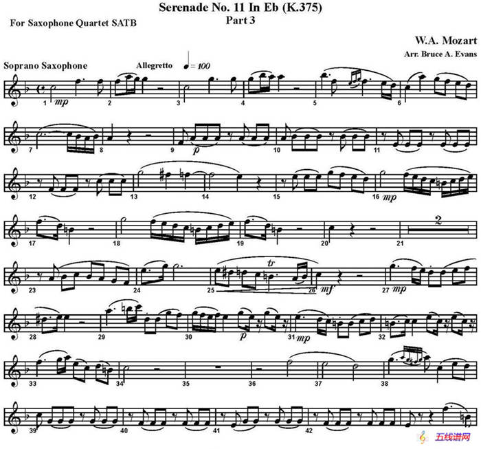 SERENADE No.11 in Eb，K.375 Part 3（四重奏·高音萨克斯分谱）