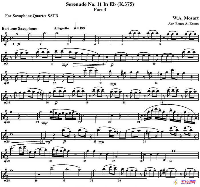 SERENADE No.11 in Eb，K.375 Part 3（四重奏·上低音萨克斯分谱）