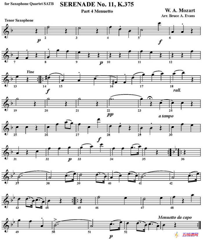 SERENADE No.11，K.375 Part 4 Menuetto（四重奏·次中音萨克斯分谱）