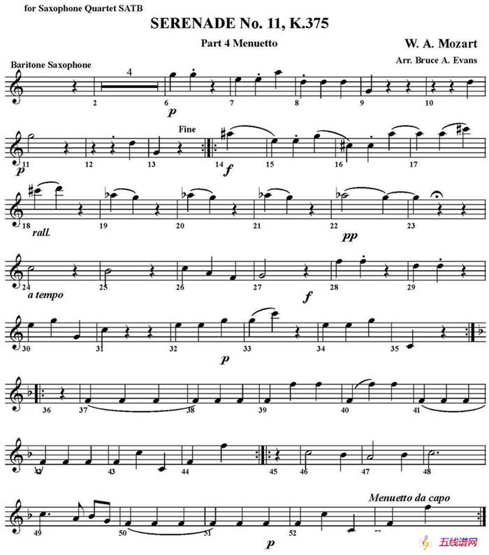 SERENADE No.11，K.375 Part 4 Menuetto（四重奏·上低音萨克斯分谱）
