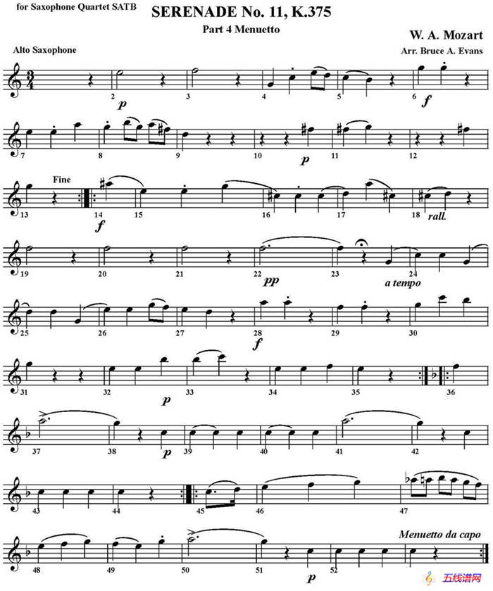 SERENADE No.11，K.375 Part 4 Menuetto（四重奏·中音萨克斯分谱）
