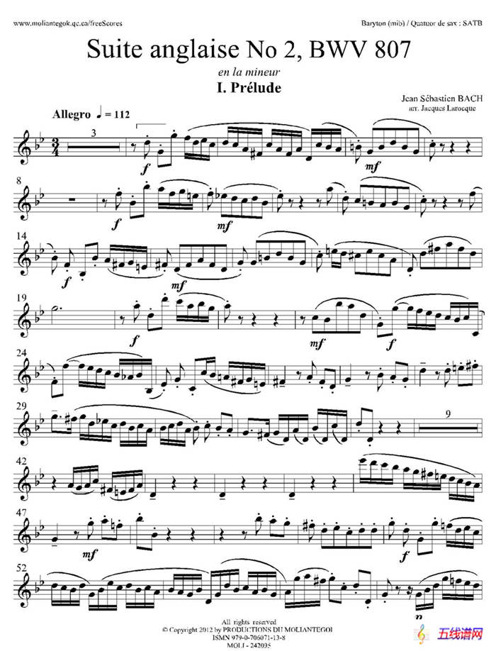Suite anglaise No 2,BWV 807（法国组曲之二·前奏曲）（上低音萨克斯分谱）