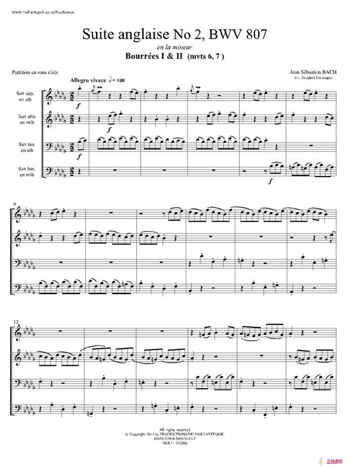 Suite anglaise No 2,BWV 807（法国组曲之二·布列舞曲）（四重奏总谱）