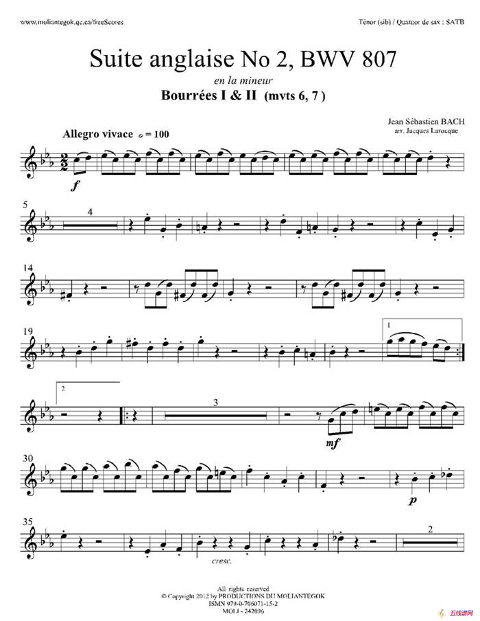 Suite anglaise No 2,BWV 807（法国组曲之二·布列舞曲）（次中音萨克斯分谱）