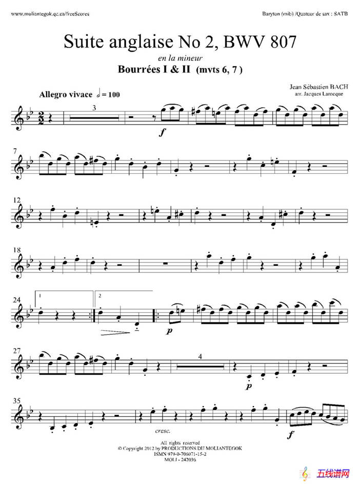 Suite anglaise No 2,BWV 807（法国组曲之二·布列舞曲）（上低音萨克斯分谱）
