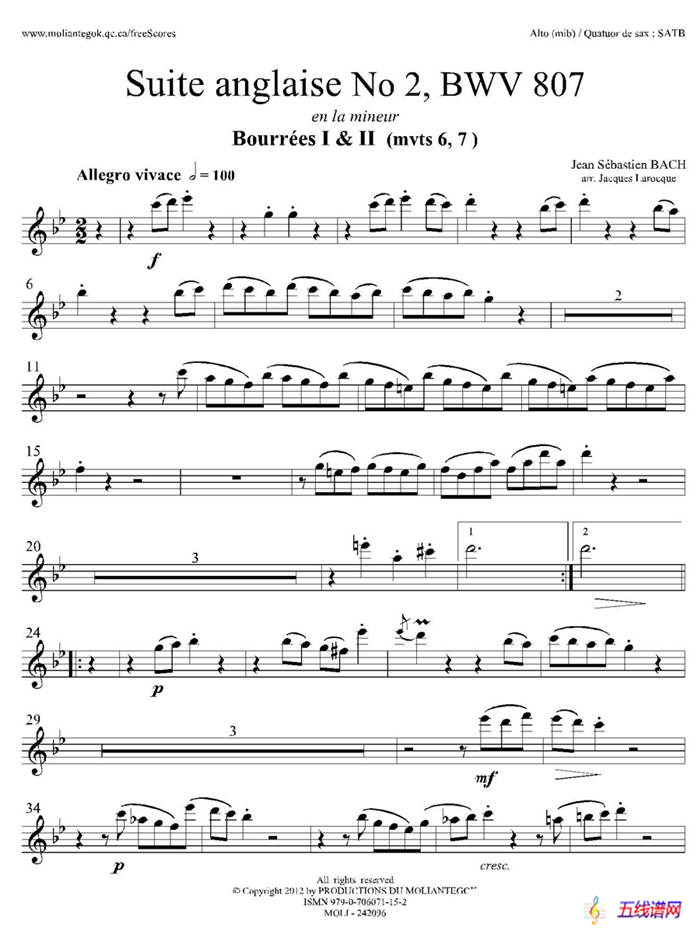 Suite anglaise No 2,BWV 807（法国组曲之二·布列舞曲）（中音萨克斯分谱）