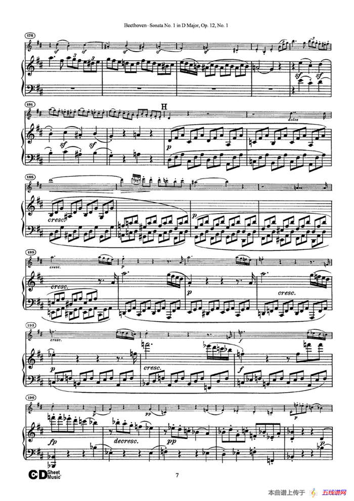 D大调第一小提琴奏鸣曲（Sonata No.1 in D Major Op.12,No.1）（小提琴+钢琴伴奏）