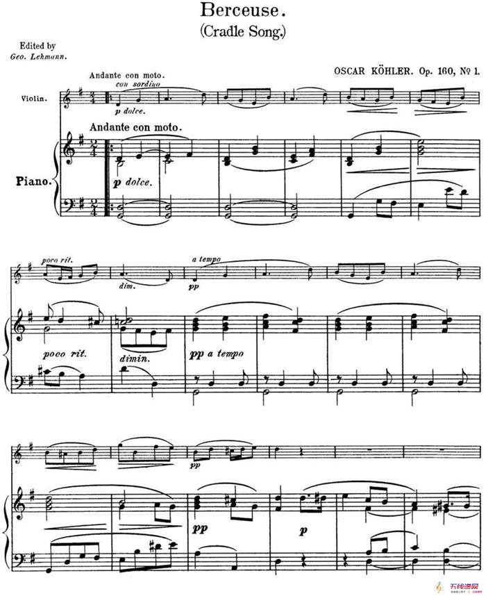 25首小提琴曲合集：Berceuse.（Cradle Song.）（OSCAR KOHLER. Op.160No.1）（小提琴+钢琴伴奏）