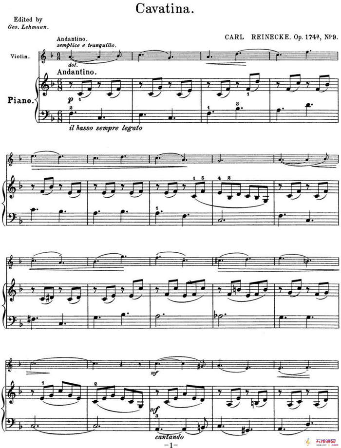 25首小提琴曲合集：Cavatina.（CARL REINECKE. Op.174a，No.9）（小提琴+钢琴伴奏）