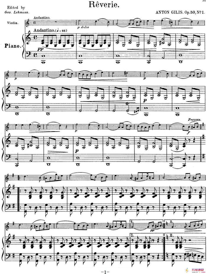 25首小提琴曲合集：Reverie.（ANTON GILIS. Op.50，No.1）（小提琴+钢琴伴奏）