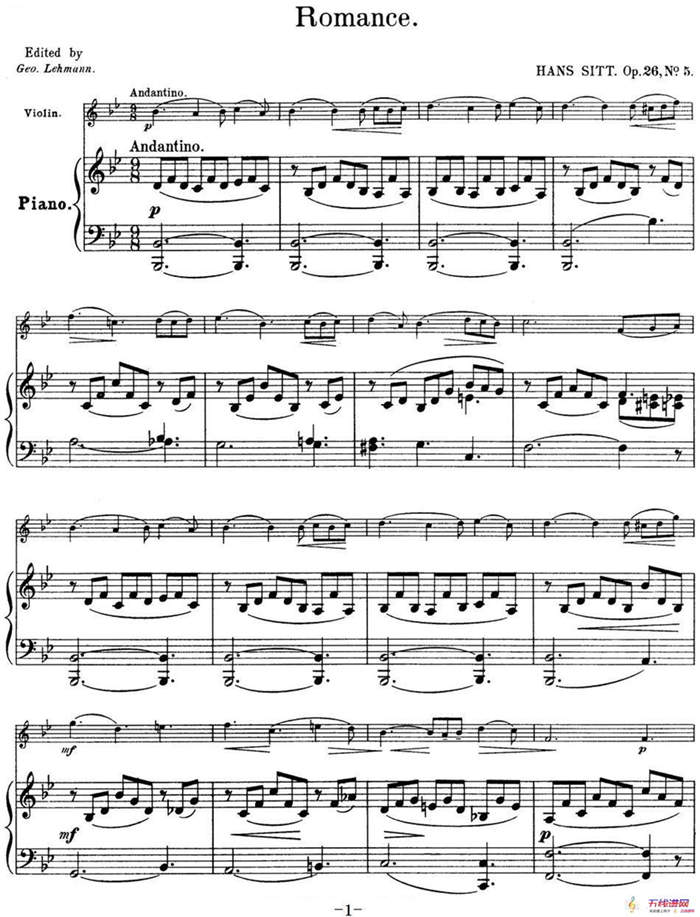 25首小提琴曲合集：Romance（HANS SITT. Op.26，No.5）.（小提琴+钢琴伴奏）