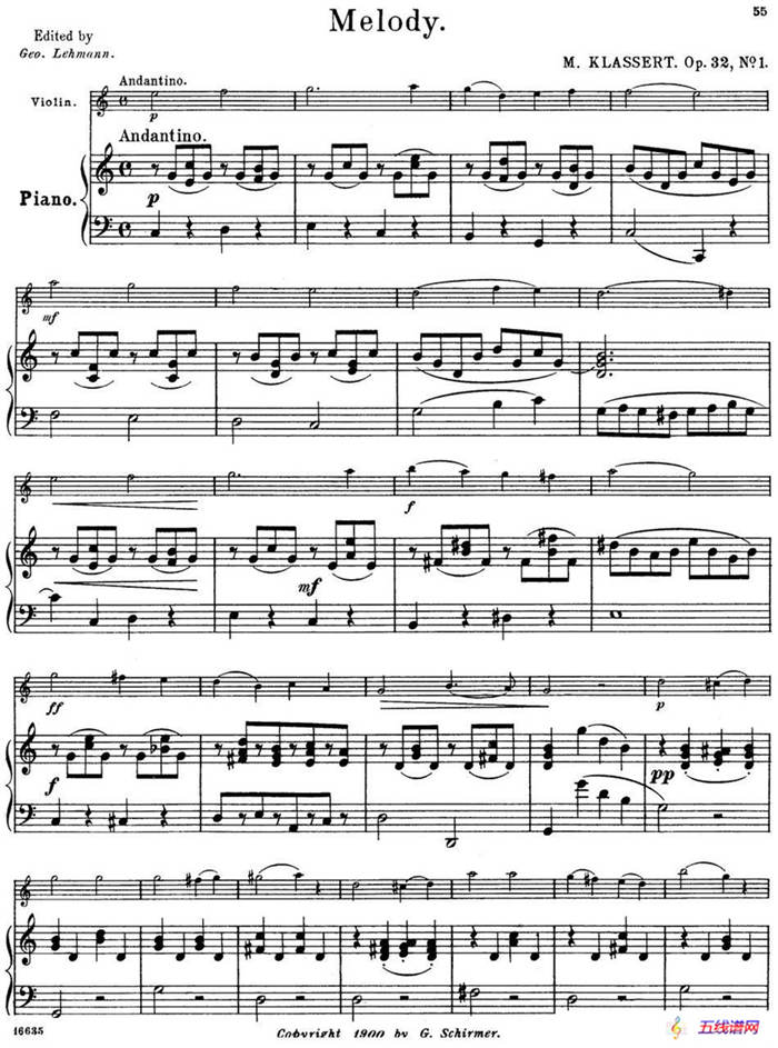 25首小提琴曲合集：Melody.（M. KLASSERT. Op.32，No.1）（小提琴+钢琴伴奏）