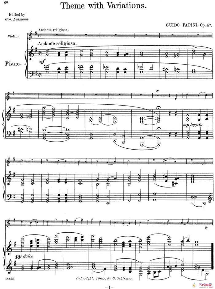 25首小提琴曲合集：Theme with Variations.（GUIDO PAPINI. Op.57）（小提琴+钢琴伴奏）