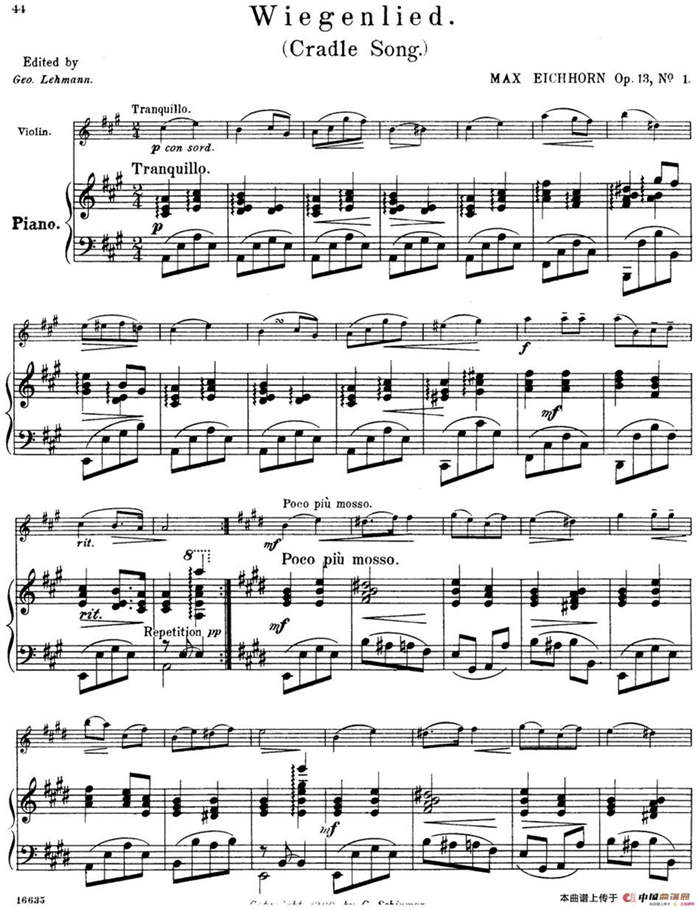 25首小提琴曲合集：Wiegenlied.（Cradle Song.）（MAX EICHHORN Op.13，No.1）（小提琴+钢琴伴奏）