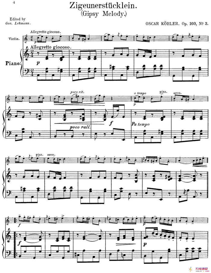 25首小提琴曲合集：Zigeunerstucklein.（Gipsy Melody.）（OSCAR KOHLER. Op.160No.3）（小提琴+钢琴伴奏）