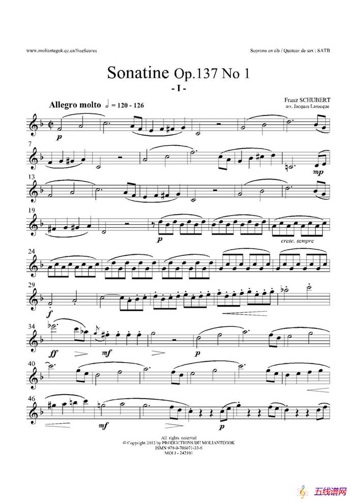 Sonatine Op.137 No 1（四重奏高音薩克斯分譜）