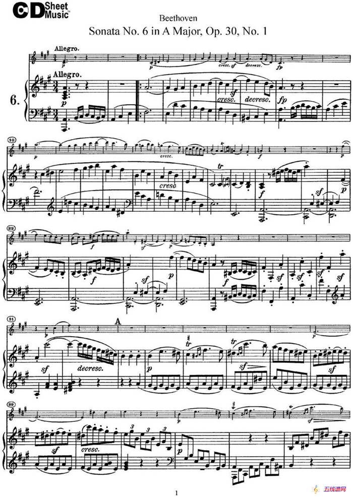 Violin Sonata No.6 in A Major Op.30 No.1（小提琴+钢琴伴奏）