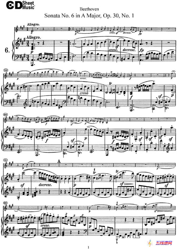 Violin Sonata No.6 in A Major Op.30 No.1（小提琴+钢琴伴奏）