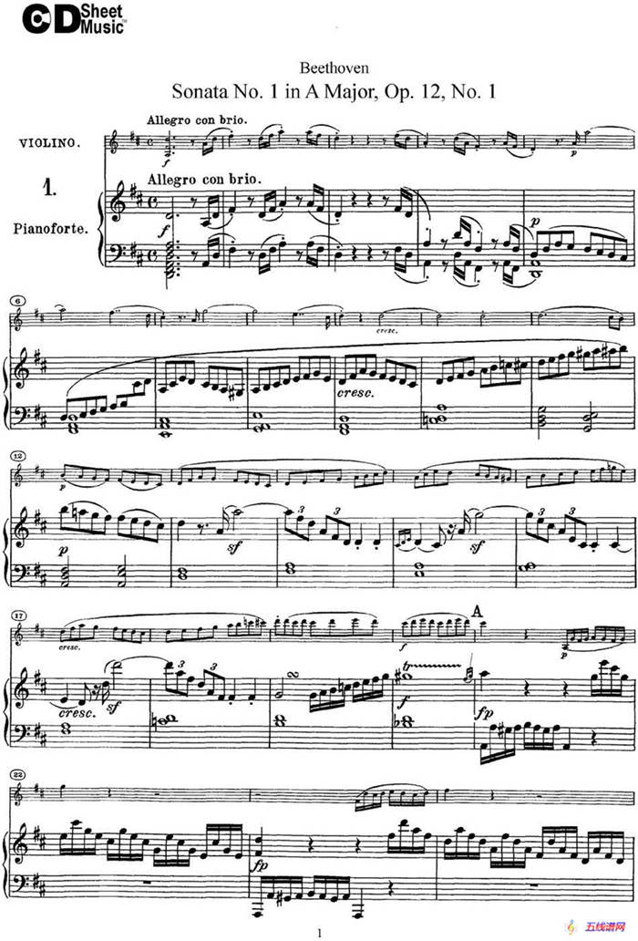 Violin Sonata No.1 in D Major Op.12 No.1（小提琴+钢琴伴奏）