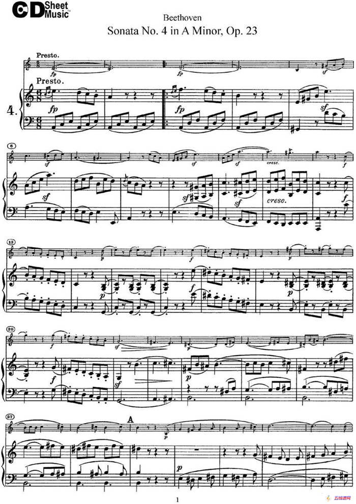 Violin Sonata No.4 in A Minor Op.23（小提琴+钢琴伴奏）