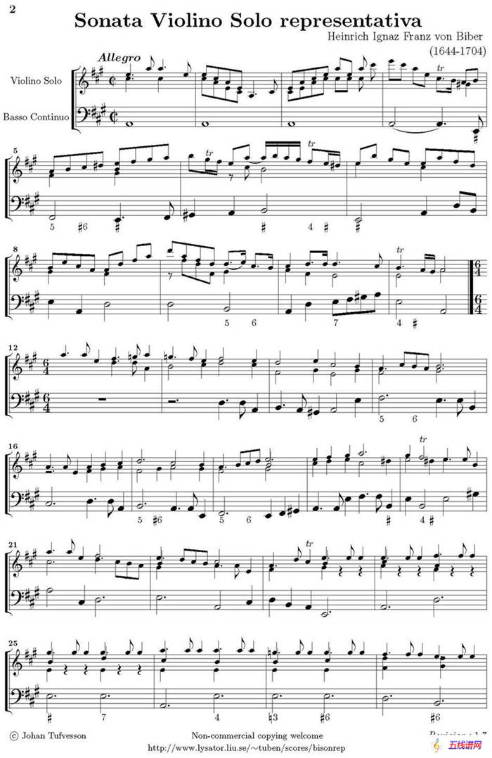 Sonata Violino Solo representativa（Violino+Basso Continuo）