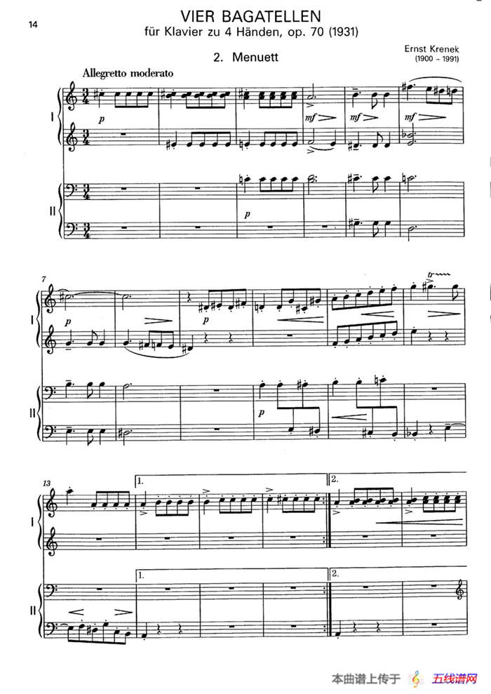 Vier Bagatellen Op.70（4首小品·Ⅱ·四手联弹）