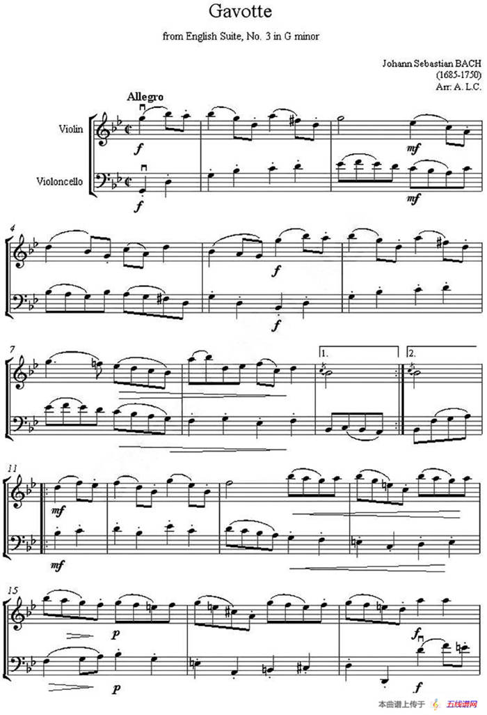 Gavotte from English Suite,No.3 in G minor（加沃特舞曲）（小提琴、大提琴二重奏）